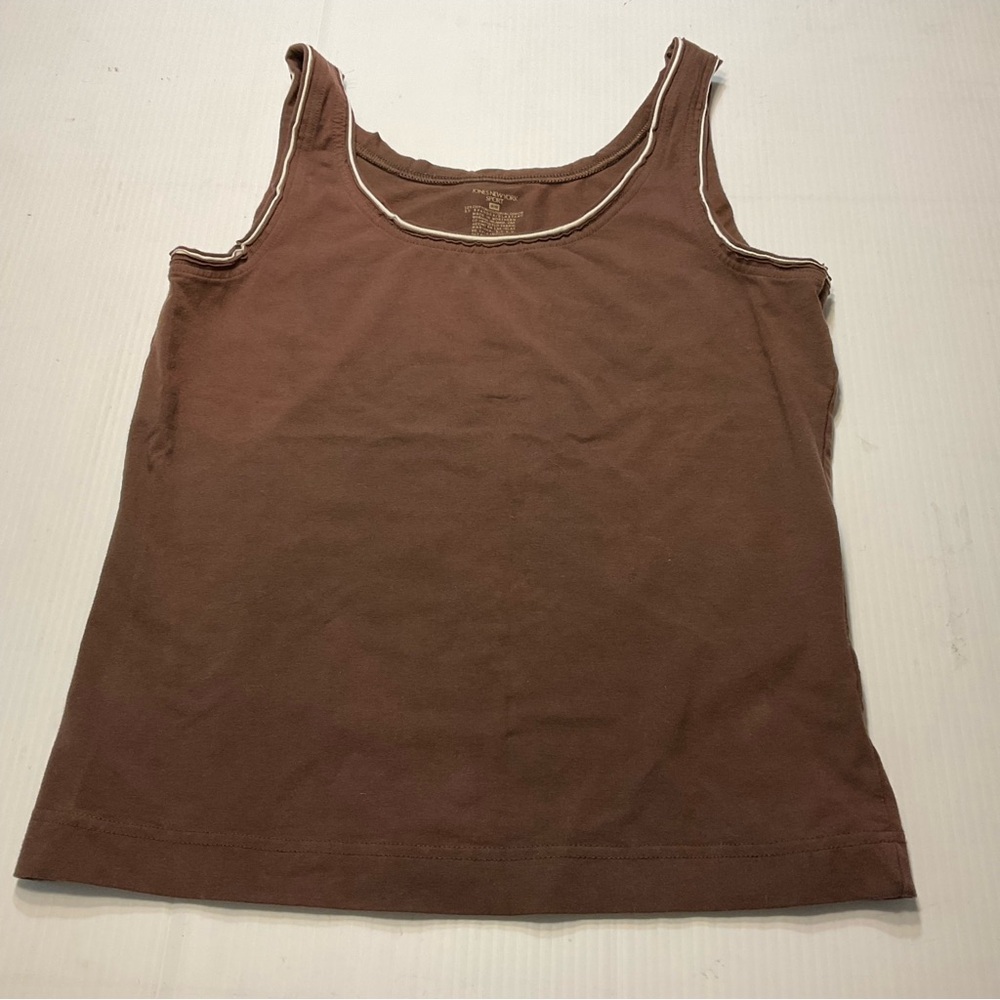 Jones New York Brown Cotton Stretch Tank Top White Piping Trim Women Sz M
